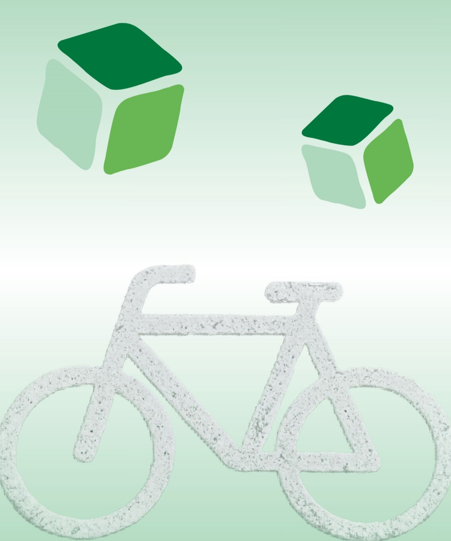 Fahrrad mit zwei Logo-Würfeln auf grün/weißem Hintergrund